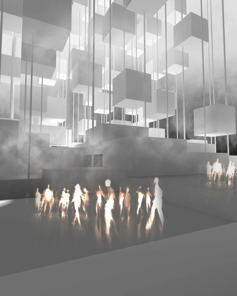 Human presence animates the ground plane beneath hovering knowledge units.