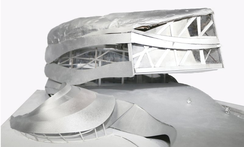 Structural breakdown revealing layers of the curved envelope and interior spatial logic.