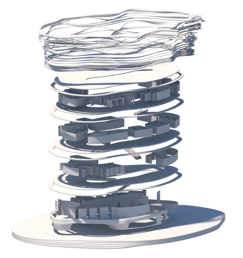 Exploded axonometric drawing revealing stacked floor plates spiraling upward with linear roof gestures above