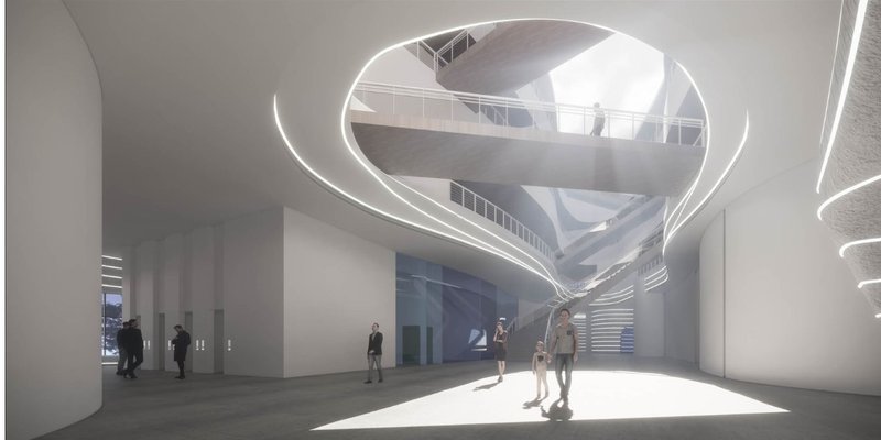 Interior atrium view with curved glowing light ribbons suspended above figures crossing the polished floor