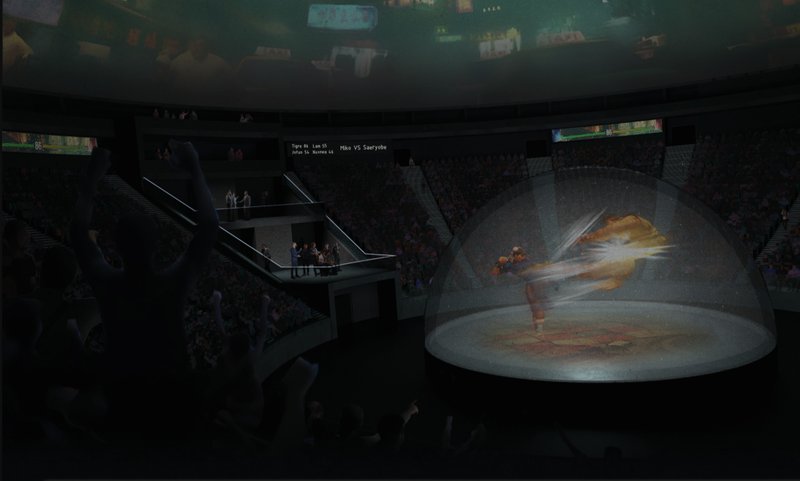 Interior view of a dimly lit exhibition space with a large illuminated dome projection and escalators