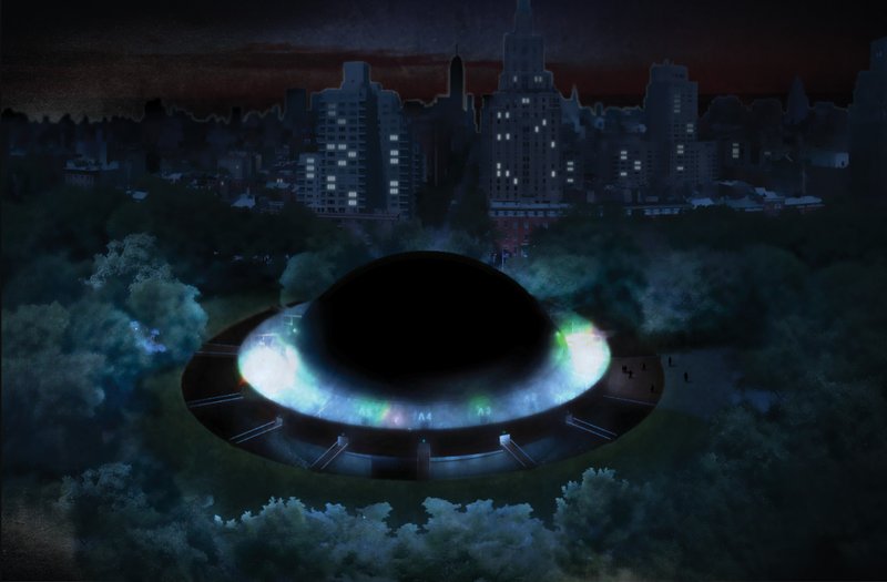 Aerial rendering of a circular domed pavilion illuminated at night with surrounding cityscape and mist