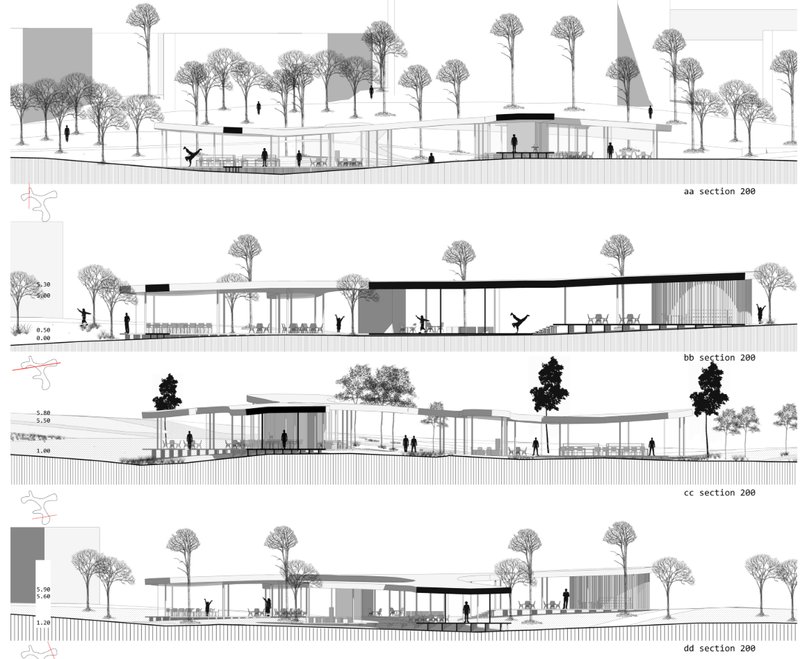 Section drawings illustrating the elevated canopy structure and program distribution.