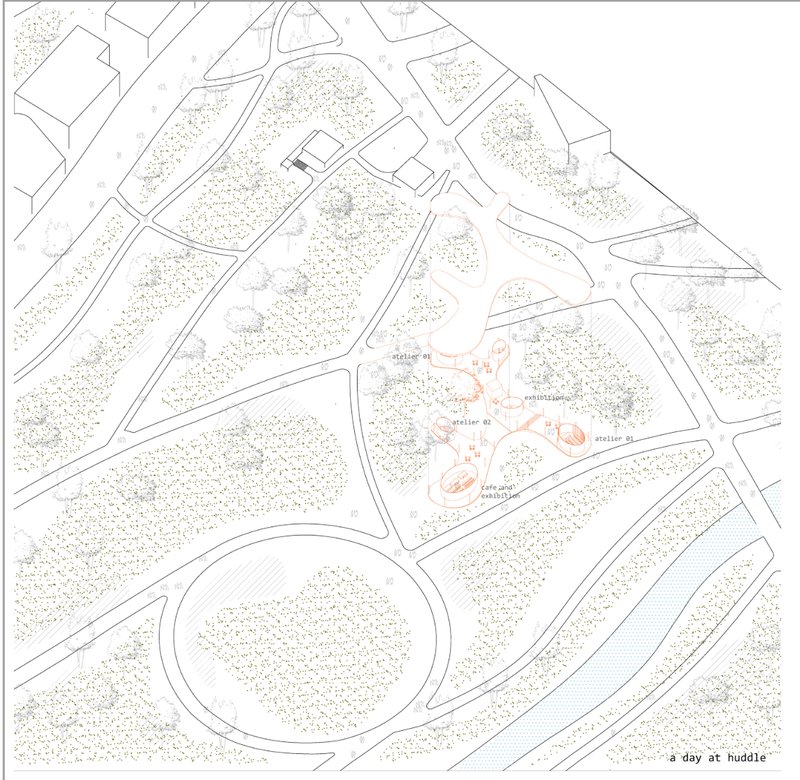 Site plan showing interconnected atelier and exhibition zones.