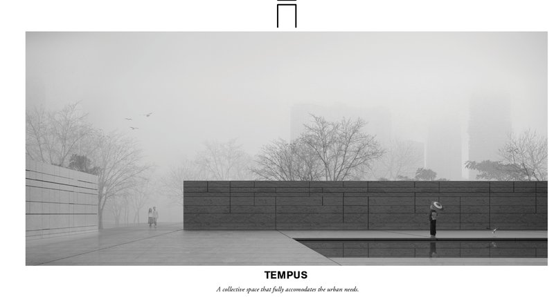 A serene urban plaza offering space for collective reflection and coexistence with the city.