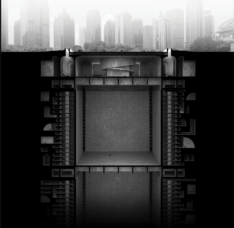 An immersive vertical cut revealing the layered depth of Epicurus — from civic life to eternal rest.