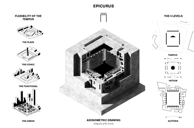 A serene urban plaza offering space for collective reflection and coexistence with the city.
