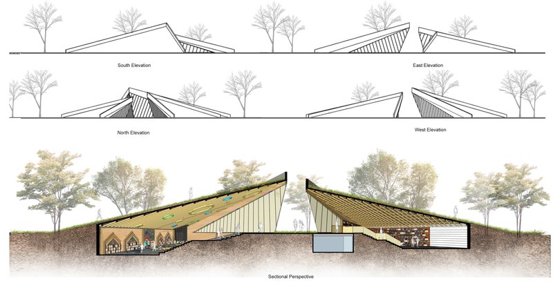 Elevation and section drawings showing the folded roof profiles and buried interior spaces with trees above