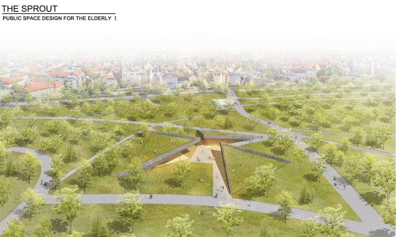 Aerial rendering of a triangular structure embedded in a green park with radiating pathways and scattered trees