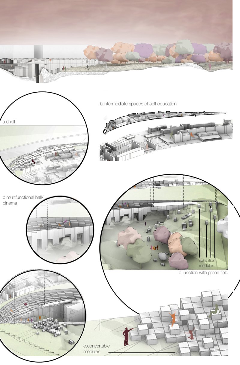 Axonometric view of the library shell, revealing layered programmatic zones and modular self-learning spaces.