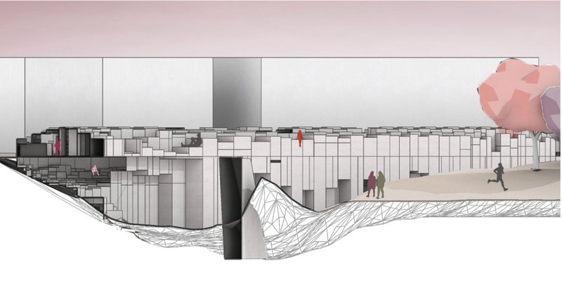Detailed sectional perspective, showing spatial gradation between public green areas and introspective interior zones.