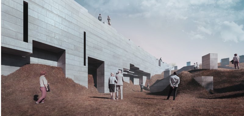 Cross-section through the terrain, highlighting the interplay between deformed topography and nested learning modules.