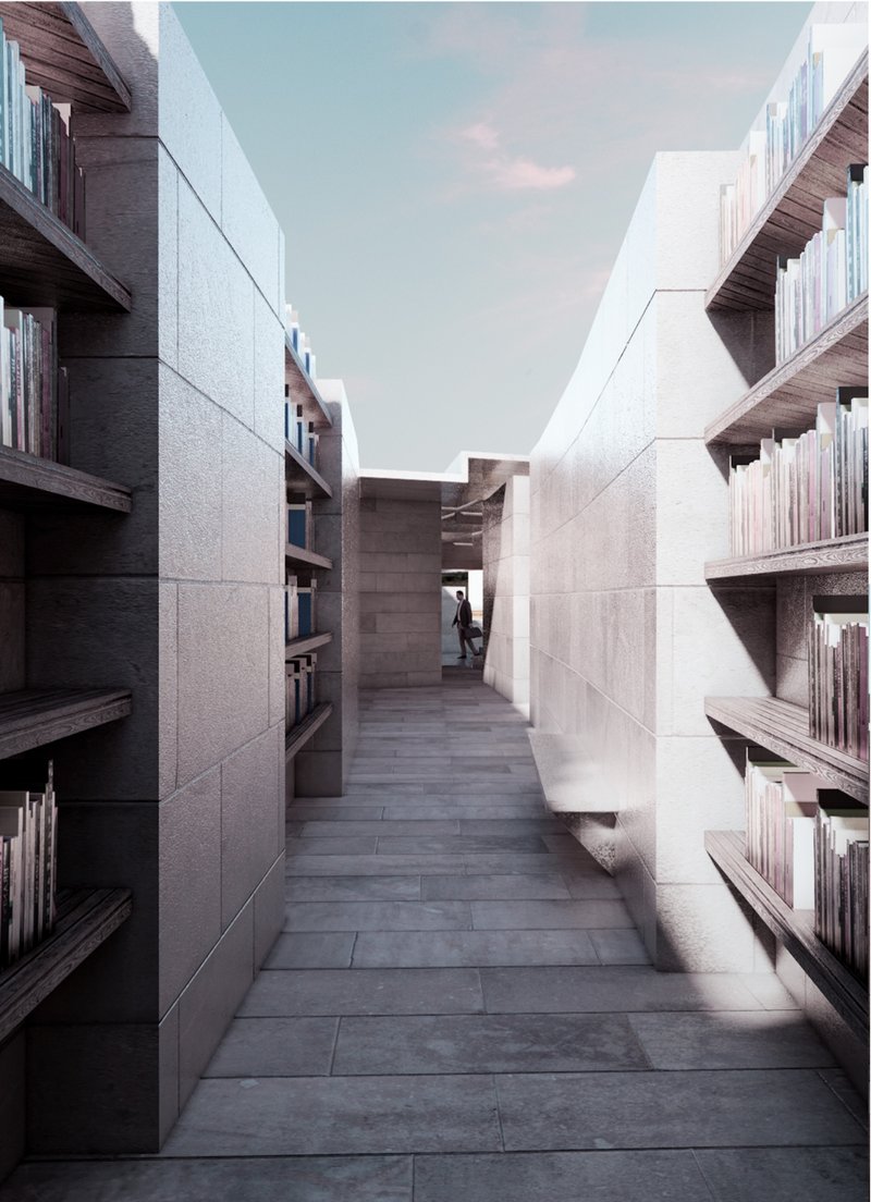 Interior library corridor, designed for quiet reflection and immersive exploration among books and filtered daylight.