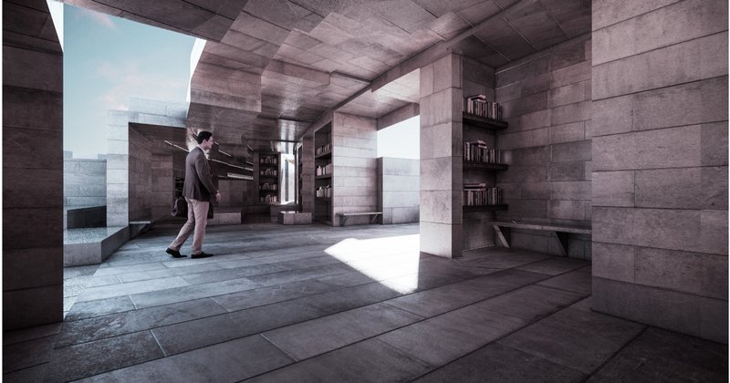 Main façade and landscape integration, where architecture merges with the sloping ground to invite public interaction.