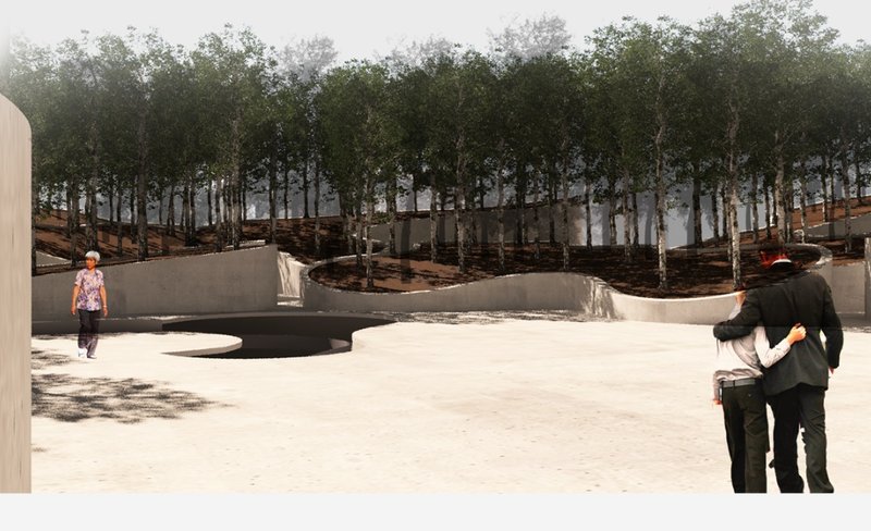 Curved concrete planters with birch trees and visitors standing on a paved plaza