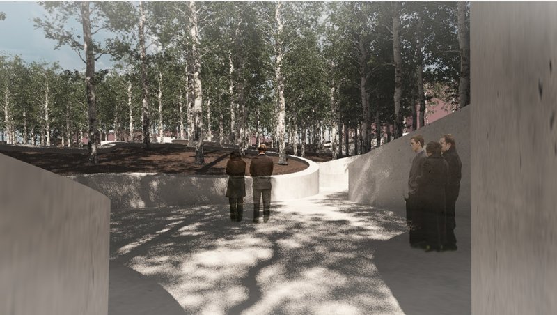 Visitors walking along a curving concrete pathway between planted beds with birch trees casting shadows
