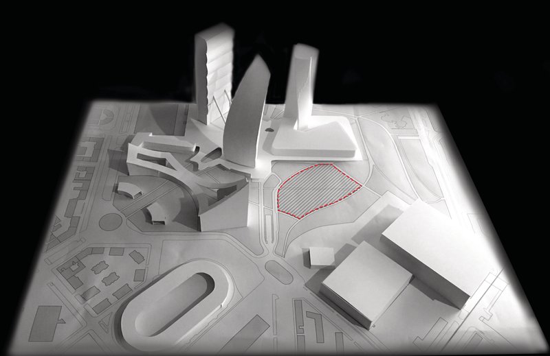 Aerial view of the CityLife site with the proposed intervention zone outlined — integrating architecture below ground.