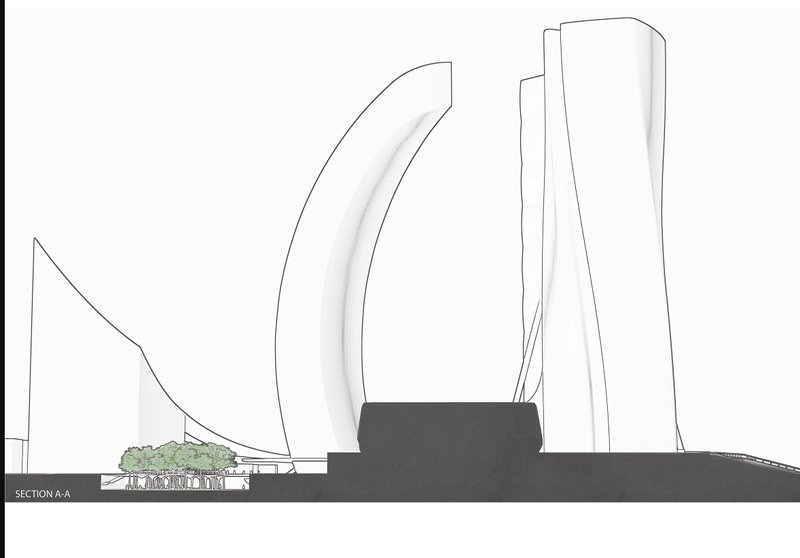 Elevation cut showing the relationship between park trees and the flexible column-based structure below.