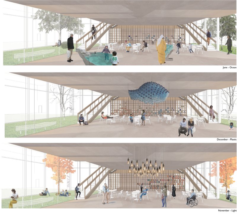 The reading room transforms each month—immersing visitors in themes of ocean, plastic, and light through tactile, visual design.