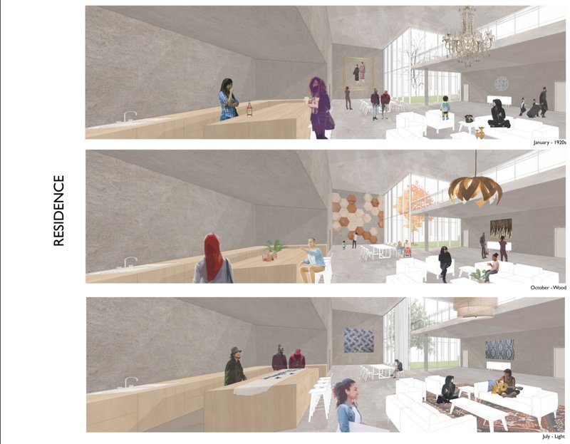 The residence space blends domestic comfort with thematic ambiance—1920s charm, natural materials, and warm lighting.