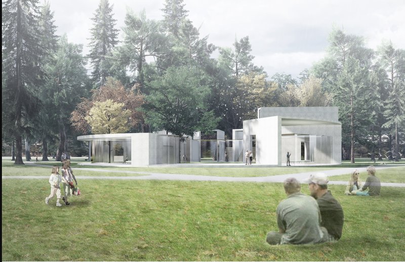 A serene architectural intervention nestled within the park, inviting all generations to connect through shared space.