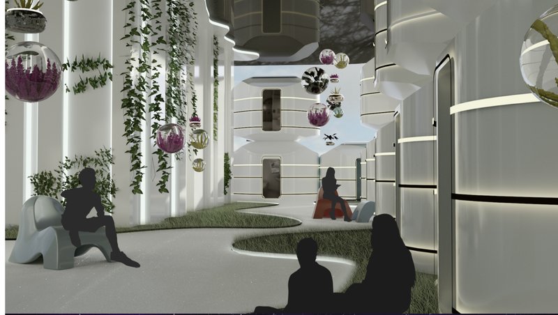 Modular co-living pods and floating gardens redefine urban serenity in a vertical neighborhood.