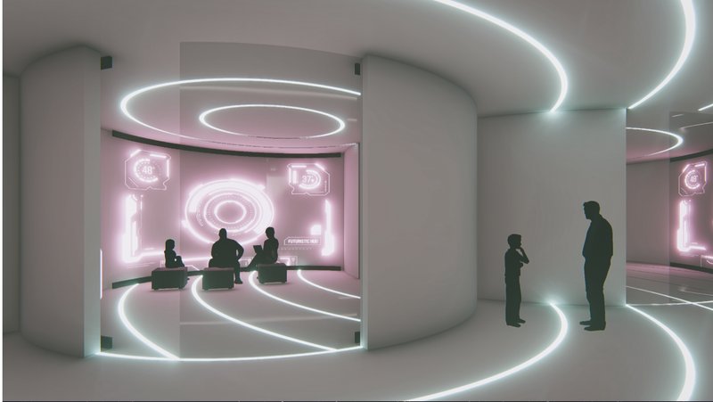 Adaptive spaces blend holographic interfaces and modular design for dynamic engagement.