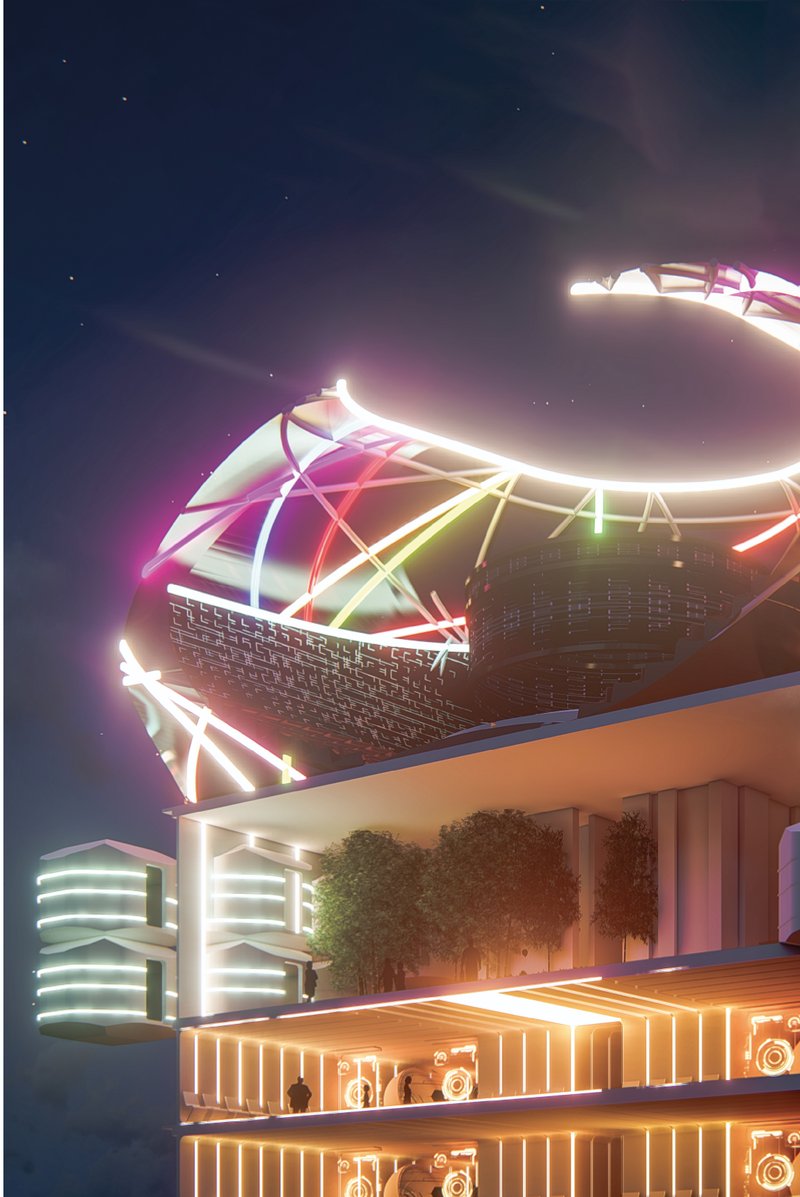 &nbsp; The Beacon of Future Living: A layered tower glows with e-sports, greenery, and next-gen living—adaptive reuse redefined.