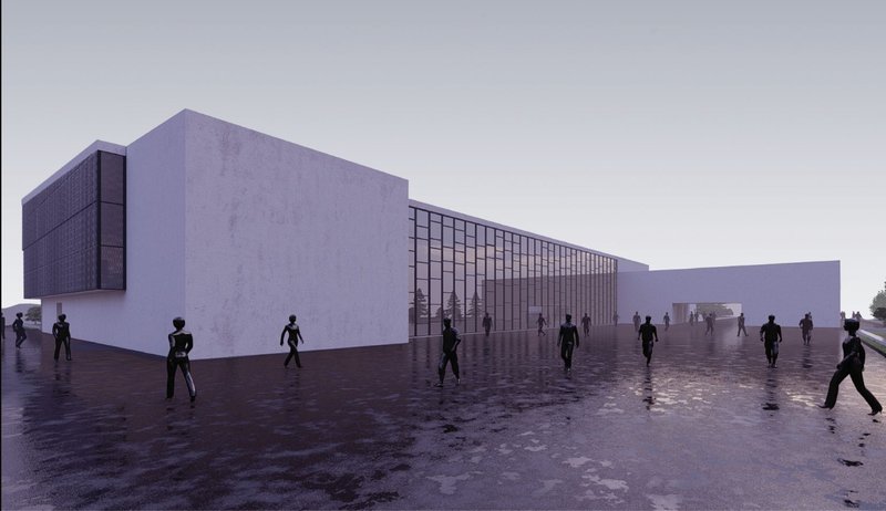 Minimalist façade and glazed entrance promoting openness and sustainable light use.