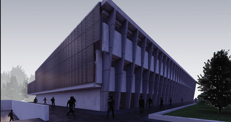 Rhythmic elevation with passive shading—blending sustainability and modern civic design.