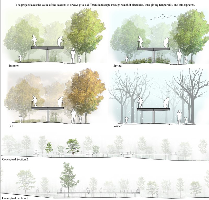Conceptual sections show elevation changes, vegetation integration, and the floating effect.