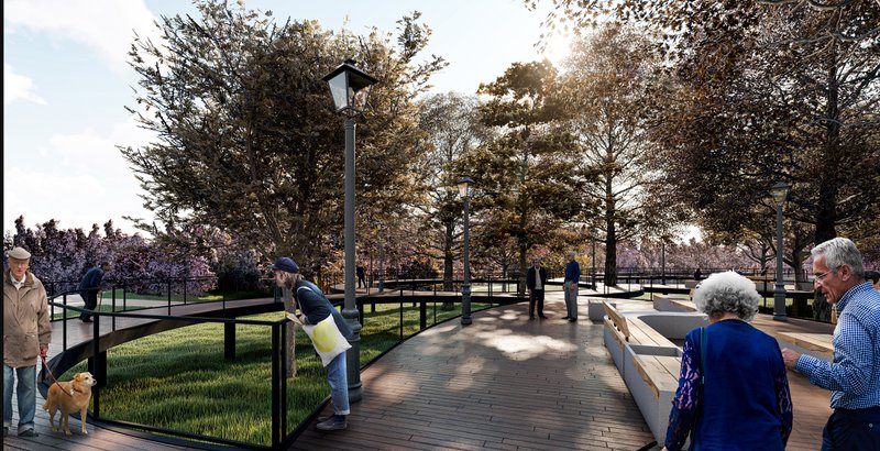 Elevated paths and benches under the canopy invite rest, interaction, and exploration.