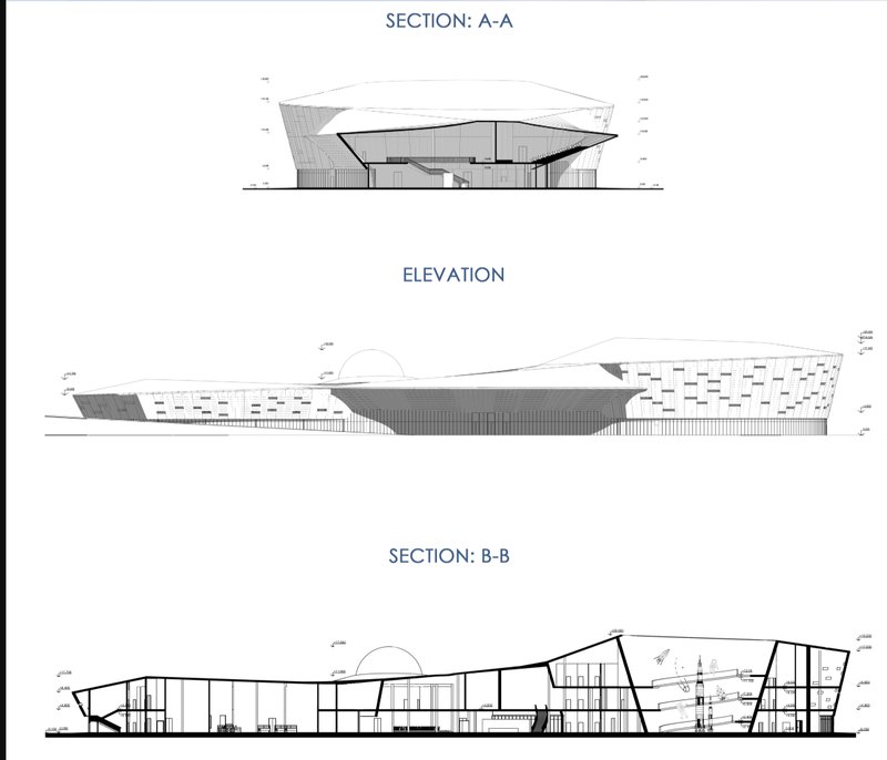Architectural sections and elevation highlighting spatial depth, circulation, and dynamic massing of the structure.