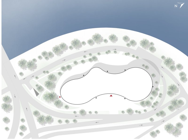 Site integration showing the building’s organic footprint and its orientation near water and landscape.