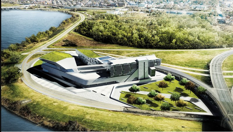 Showcasing the project's integration with the landscape and adjacency to the Anacostia River.