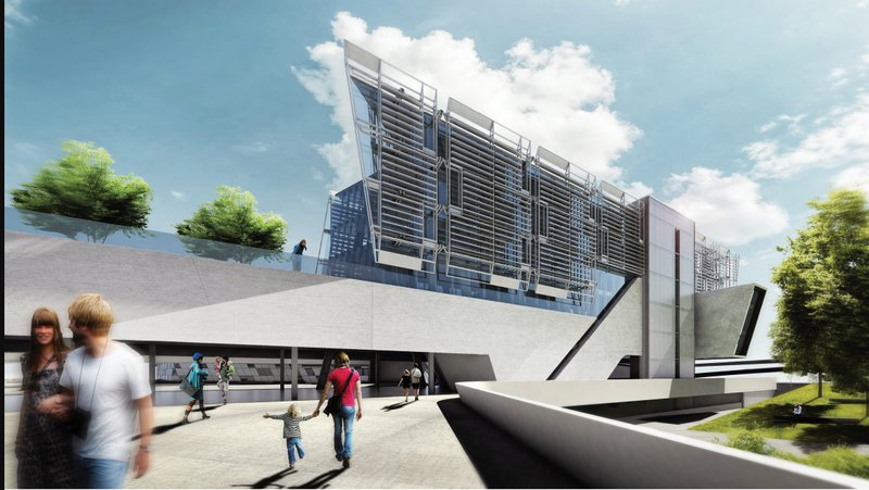 Highlighting public accessibility and the angular façade system.