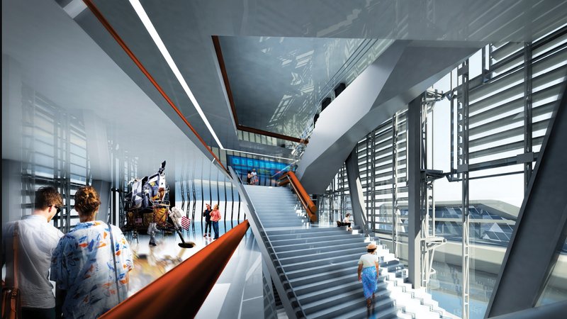 Dynamic interior circulation with views of real-time space exhibits.