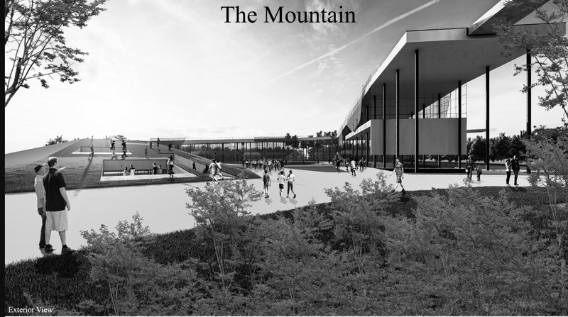 Public promenade integrated into sloped roof form, inviting interaction and urban circulation.