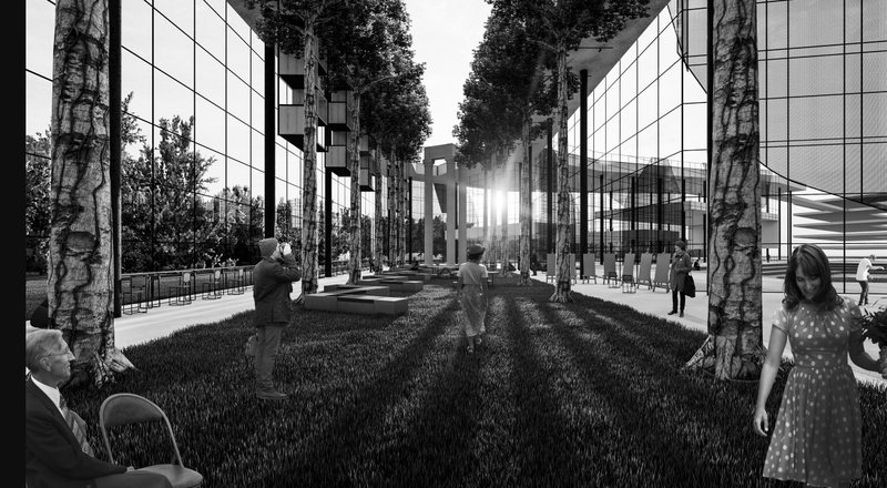 Shaded public garden mediating between built volume and natural landscape, fostering biophilic engagement