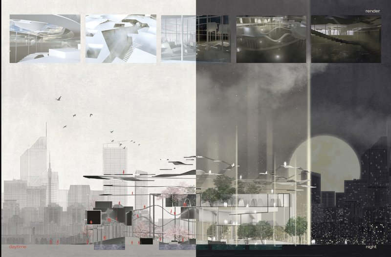 Contrast of day and night: the memorial architecture blends into Shanghai's skyline while glowing with symbolic light after dark.