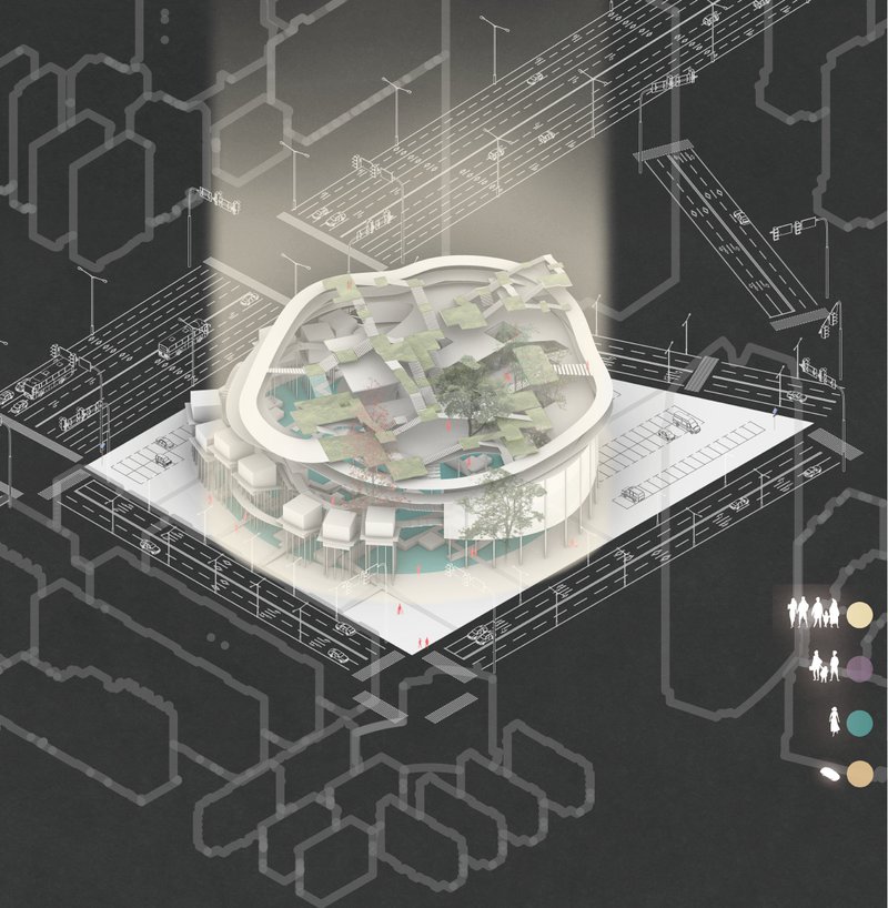 An urban sanctuary: axonometric view reveals layers of green, ritual, and reflection within the city’s active framework.