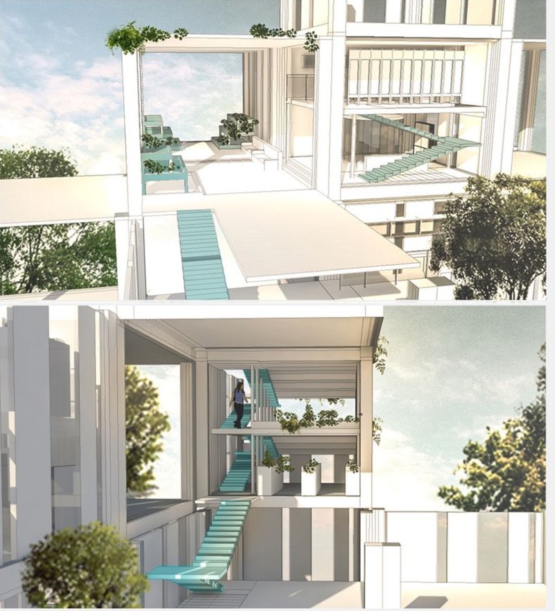 Open modular platforms integrate greenery and circulation, forming tranquil memorial spaces in the vertical cemetery.