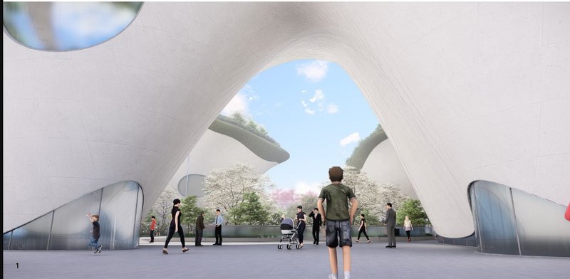 Entry plaza welcomes visitors beneath sweeping concrete arches, connecting city life with ritual space.