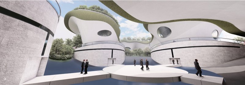 Circular bridges lead across reflective water, linking ritual chambers beneath green-roofed pavilions.