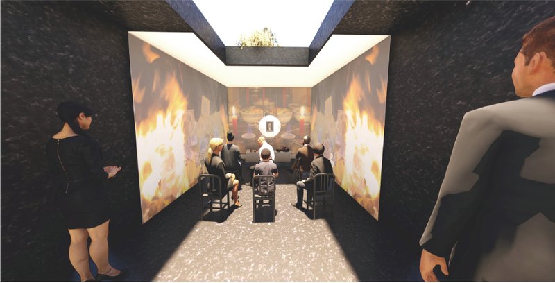An intimate underground room where LED screens augment ancestral worship with immersive visuals.