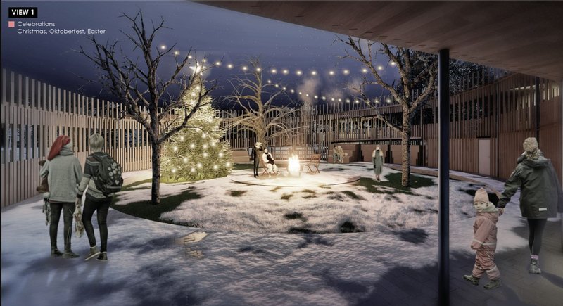 A festive courtyard transforms with the seasons, offering space for community events like Christmas or Oktoberfest.
