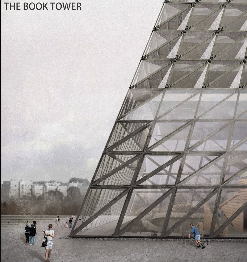 The Book Tower’s dynamic façade blurs the boundary between structure and street life, inviting the public into a space of learning.