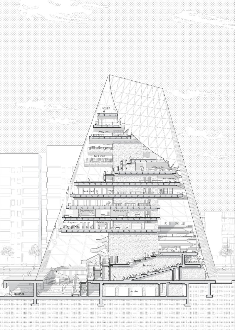 Sectional perspective reveals layered programs—self-learning, discussion, and creation—all vertically integrated.