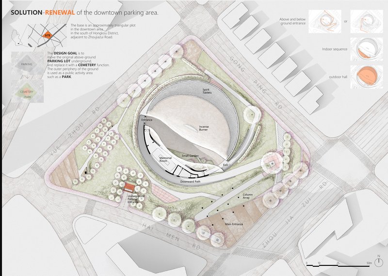 A downtown parking lot is transformed into a hybrid cemetery and public park.