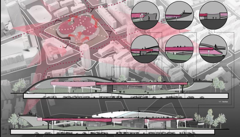 Layered design revealing the functional integration of ground-level activity, parking, and elevated contemplation.